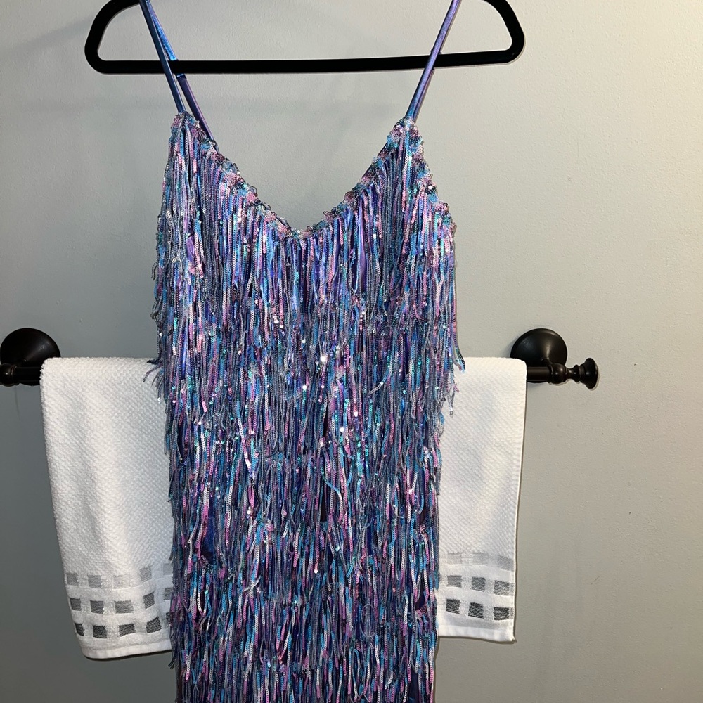 Christen Metallic Sequin Fringe Party Dress